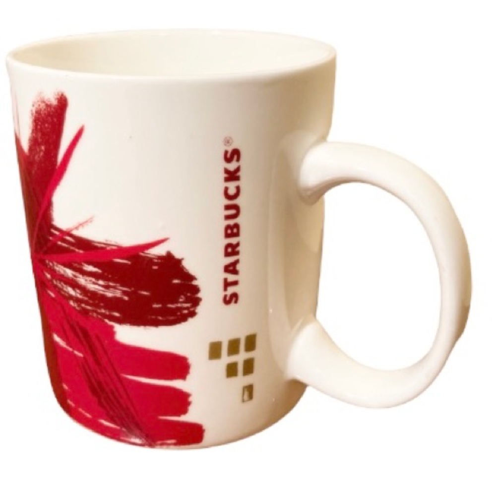 STARBUCKS 2014 Holiday Mug Red Flowers Gold Squares Collectible Mug Cup 12 oz